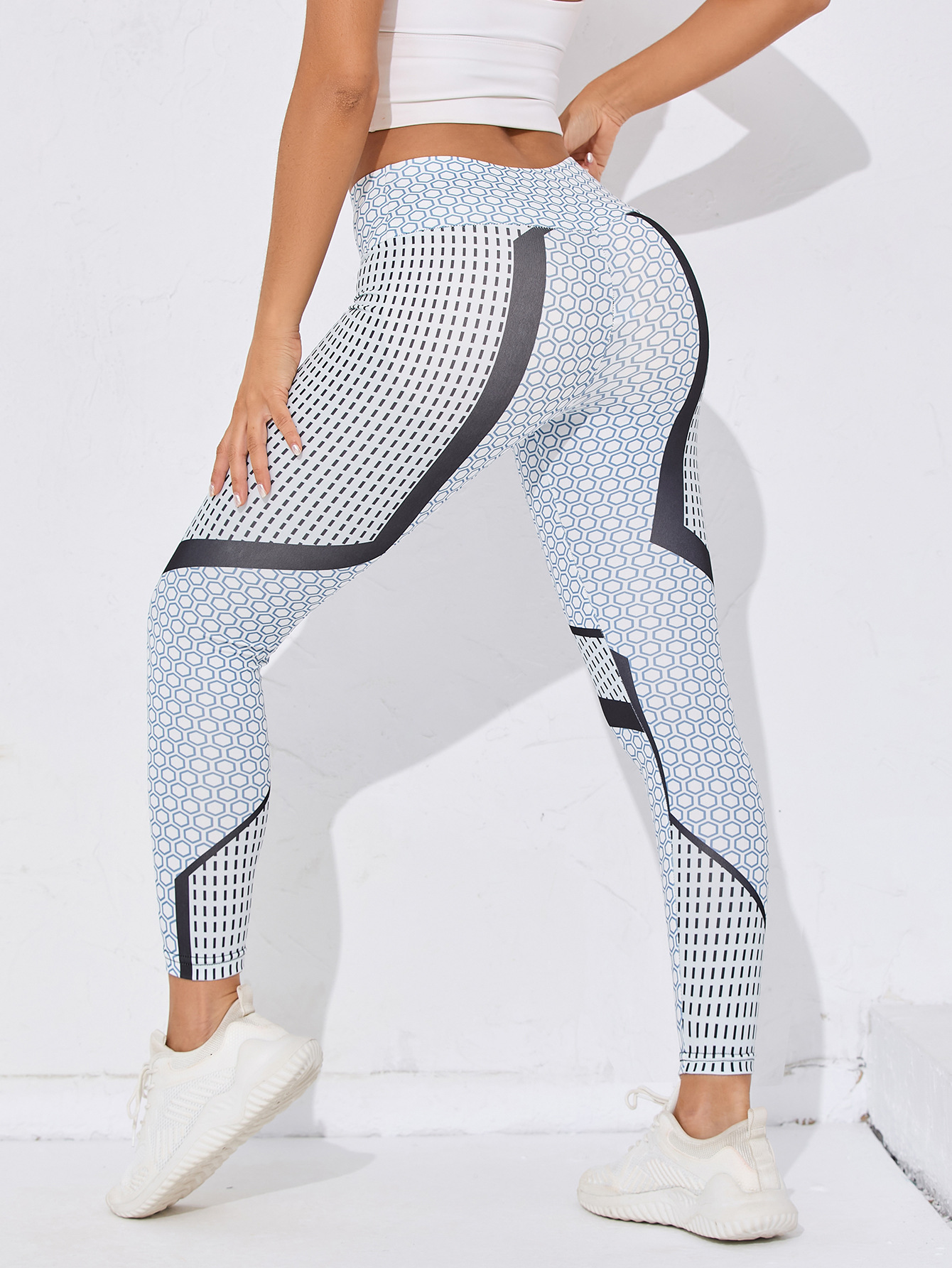 Womens High Waist Geometric Print Workout Leggings with Honeycomb Pattern